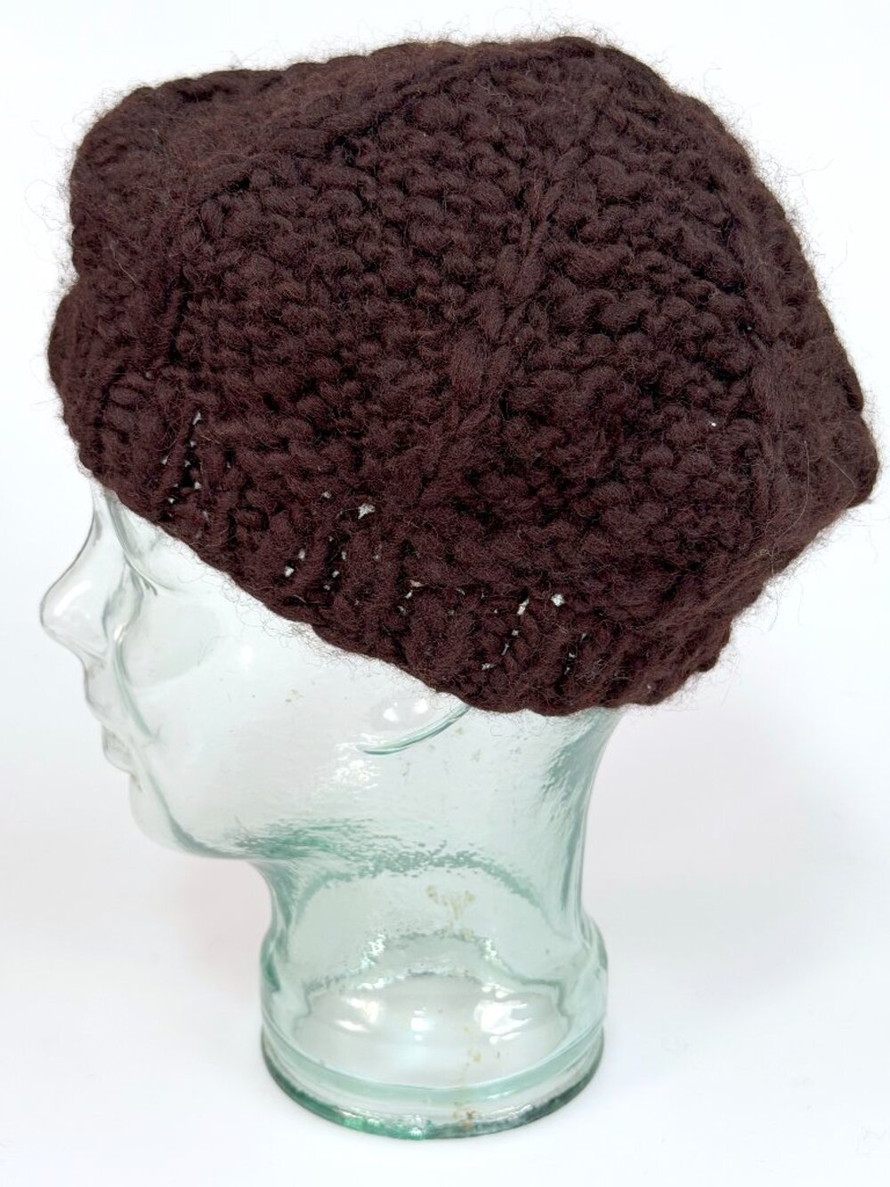 Vintage Chunky Knit Beret Beanie Hat Brown Wool Blend Slouchy Tam Y2K Boho